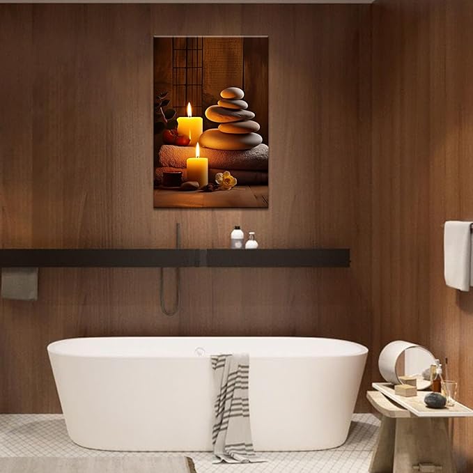 GLOKAKA Zen Spa Wall Art Meditation Room Wall Decor Massage Stones with Atmospheric Candles Relax/Calm Canvas Print Artwork for Living Room, Bedroom, Bathroom Decor