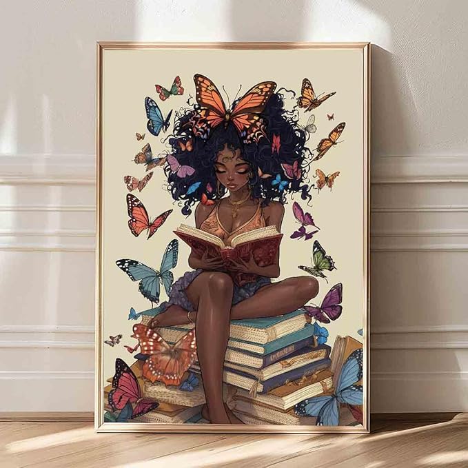 Black Girl Reading Poster African American Artwork Boho Butterfly Painting Black Girl Art Prints Vintage Reading Picture Inspiring Wall Reading Book Print African Minimalist Posters 16x24inch No Frame