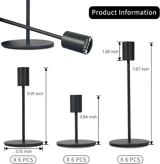 Black Candlestick Holders Bulk for Taper Candles Decorative Metal Candelabra Candle Holders Fit 0.8 Inch Diameter Candles Gold Taper Candle Stands for Wedding Home Party Table Decor (Set of 18)