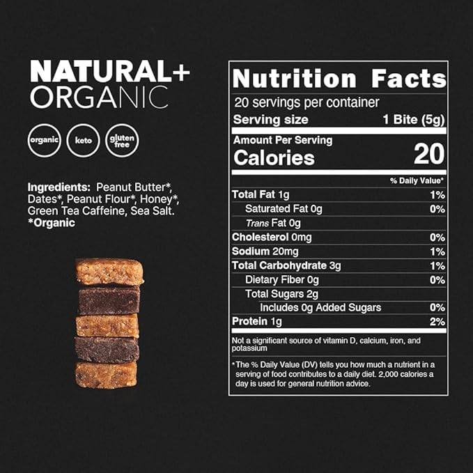 CAFF All Natural Energy Bites - Caffeinated Peanut Butter Bite for Energy Boost - 65mg Caffeine Peanut Butter Bars โ 20 Calorie Organic Caffeine Snacks - Gluten-Free, Keto (20 Bites)