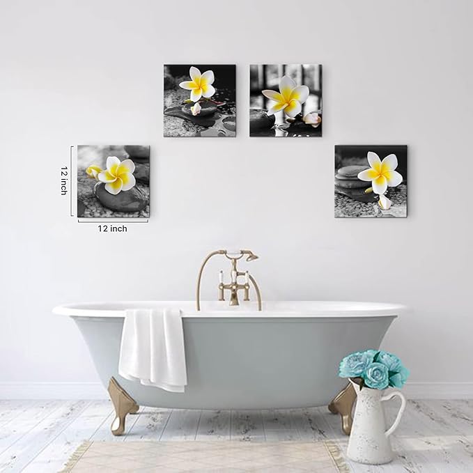 Yxbhhym-Black and White Wall Art Yellow Gray Bathroom Decorations Stone Zen Canvas Prints Spa Paintings Frangipani Flowers Pictures Meditation Artwork for Bedroom Kitchen Living Room Decor Framed