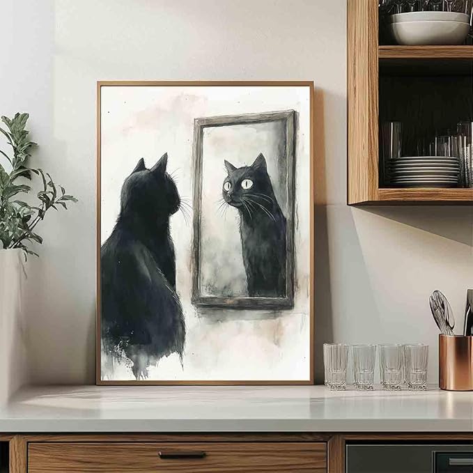 Funny Black Cat Wall Art Retro Cats Poster Black And White Animal Prints Quirky Animal Canvas Cat Mirror Wall Art Fanciful Vintage Farmhouse Painting Aesthetic Living Room Decor 16x24inch No Frame