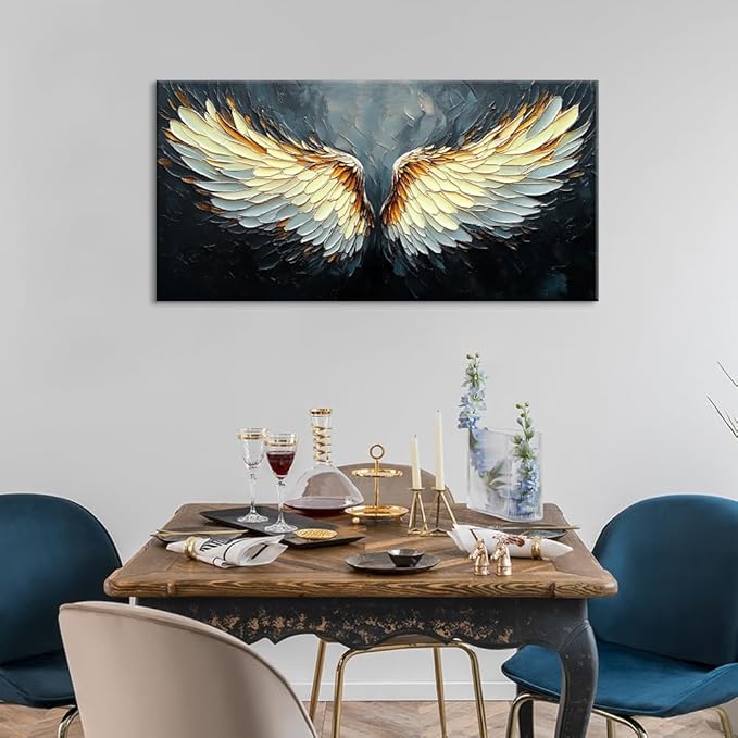 ZESTRILIA Angel Wings Wall Art for Girls Room Gold Gray Canvas Oil Painting Prints Modern Abstract Fantasy Anime Artwork Living Bedroom Office Decor (40x20 Inches)
