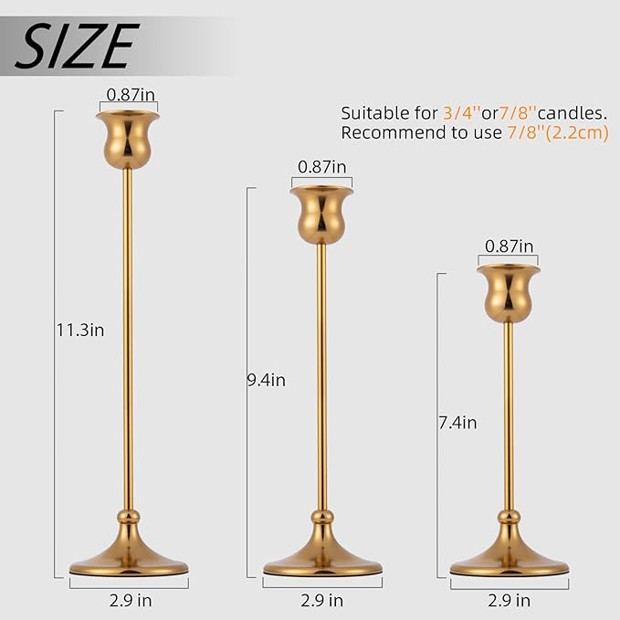 Metal Candle Holder Taper Candlestick Holders for Candle Sticks Vintage Candelabra for Halloween Thanksgiving Christmas (Gold, 2 Sets (6 pcs))