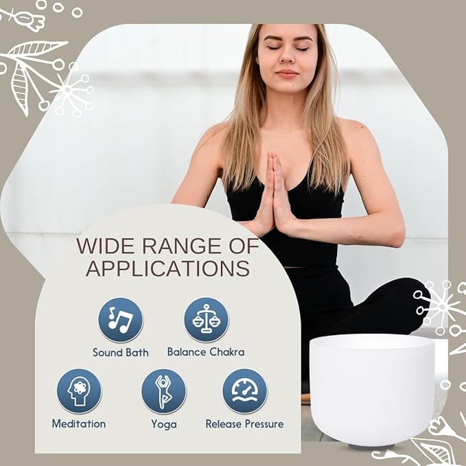 12 inch White C Note Root Chakra Quartz Crystal Singing Bowl, for Healing Mindfulness Meditation Yoga Sound Baths, with Rubber Mallet O-ring