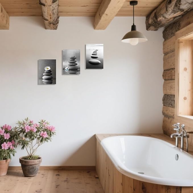 CCWORKERRY 3PCS Zen Stones Canvas Wall Art Black and White Zen Stone Painting Calming Meditation Wall Decor for Yoga Studio Office Spa Bathroom (gray,16W x24L x3)