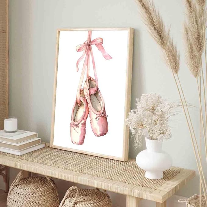 Mostemauo Ballet Shoes Painting Dancer Wall Art Ballet Pictures Pink Bow Pictures Elegant Vintage Wall Art Aesthetics Watercolor Painting Trendy Modern Abstract Girls' Room Decor 16x24inch No Frame