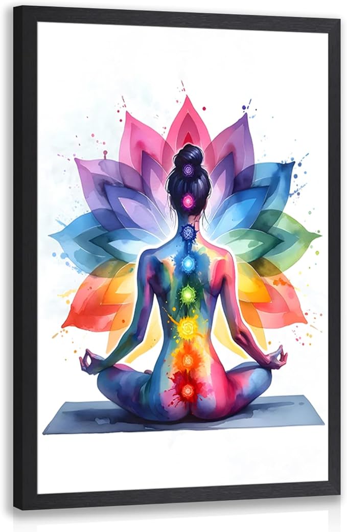 GELDSTEI Wood Framed Zen Wall Art, Chakra Yoga Wall Decor, Colorful Meditation Poster Print, Spiritual Canvas Painting, Vibrant Meditating Woman Aesthetic Picture for Living Room Yoga Studio 12"x16"