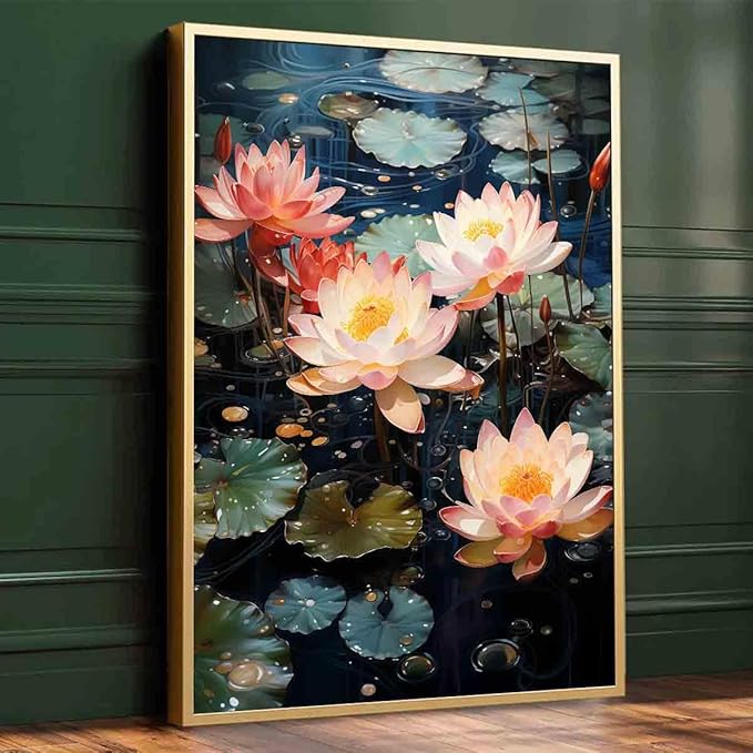 Pink Lotus Painting Zen Lotus Picture Water Lilies Painting Pink Flower Artwork Summer Flowers Picture Summer Landscape Canvas Zen Meditation Art Water Lily Poster Living Room Decor 16x24inch No Frame