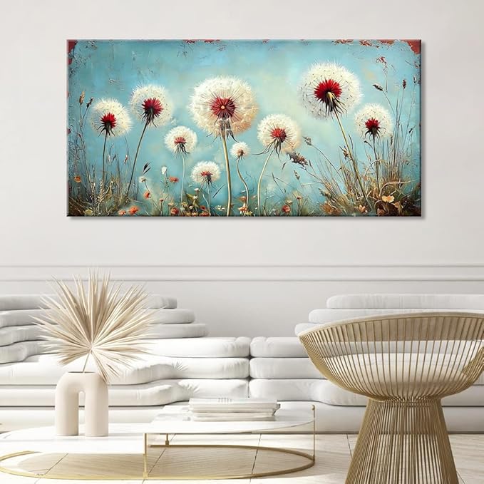 ZESTRILIA Dandelions Wall Art Retro Canvas Prints Modern Rustic Canvas Paintings Waterproof Artwork Landscape Picture for Country Farmhouse Living Room Bedroom Home Office Kitchen Décor (28x58inch)