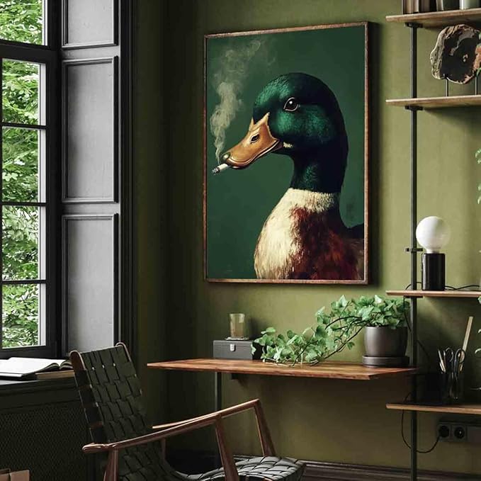 Mostemauo Vintage Mallard Duck Wall Art Whimsical Duck Smoking Cigarette Painting Portrait Animal Prints Funny Animal Smoking Picturemallard Print Retro Green Living Room Decor 16x24inch No Frame