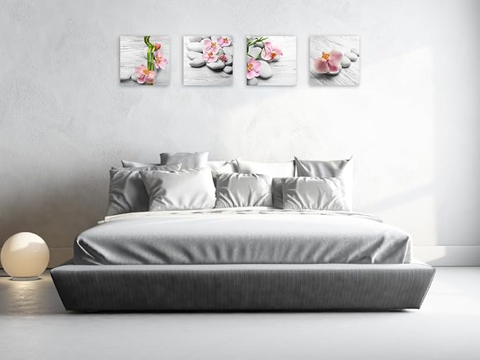 Biufo Zen Stones Canvas Wall Art Prints Floral Picture Artwork for Bathroom Bedroom Yoga Spa Room Decor (12"x12"-4Pcs, Grey)