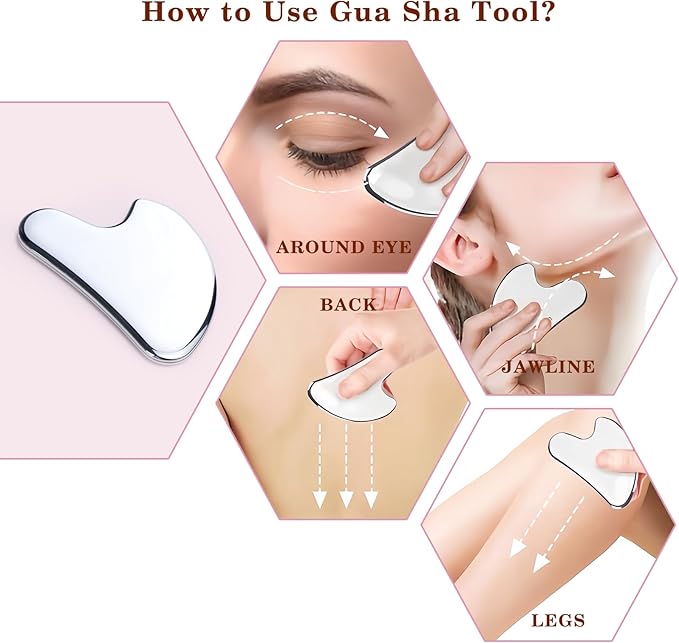 Stainless Steel Gua Sha and Face Roller Set Facial Massager Tools, Lymphatic Drainage Massager Metal Gua Sha Skin Self Care Gifts for Women, Face Sculpting Guasha for Body Eyes with Pouch