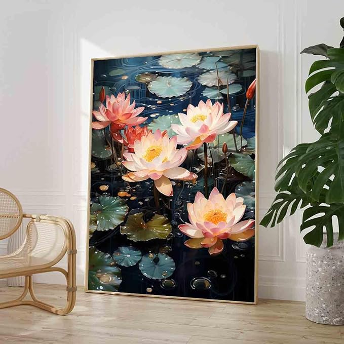 Pink Lotus Painting Zen Lotus Picture Water Lilies Painting Pink Flower Artwork Summer Flowers Picture Summer Landscape Canvas Zen Meditation Art Water Lily Poster Living Room Decor 16x24inch No Frame