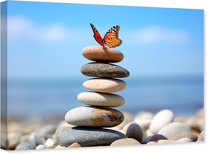 ARTZGX Zen Stone Wall Art Canvas Spa Bathroom Pictures Butterfly Print Meditation Still Life Painting for Yoga Room Decor Frame(Zen - D 20.00" x 30.00")