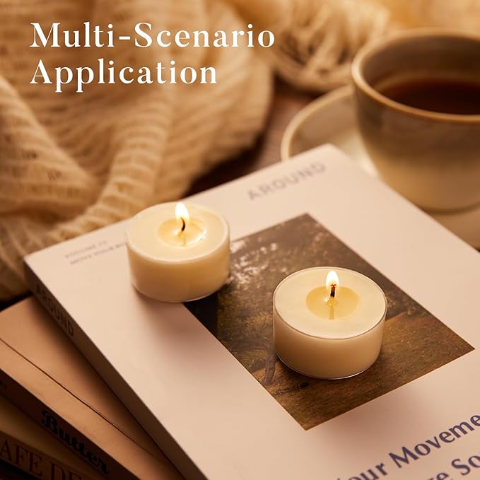 Crenovo Tea Lights Candles 100 Pack, Natural Soy Wax Tealights Candles Bulk 6 Hours Non-Toxic, Long Burning, Unscented Small Votive Cup Candles for Wedding, Party, Dinner, Emergency