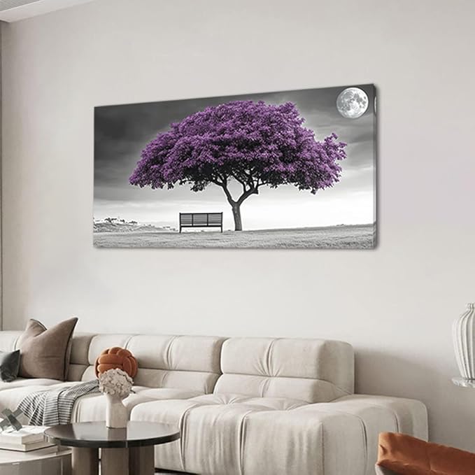 ZESTRILIA Country Purple Tree Wall Art for Living Room Office Violet Gray Moon Canvas Painting Prints Artwork Dining Bedroom Decor Extra Large (58x28 Inches)