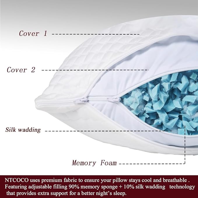NTCOCO 2 Pillows, Shredded Memory Foam Bed Pillows for Sleeping, with Washable Removable Cooling Hypoallergenic Sleep Pillow, Queen -2 Pieces