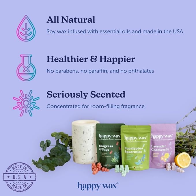 Happy Wax Spa Mix Premium Scented Natural, Non Toxic Soy Wax Melts – 6 Total Oz. of Scented Wax Melts. Includes: Seagrass & Sage, Lavender Chamomile, and Eucalyptus Spearmint