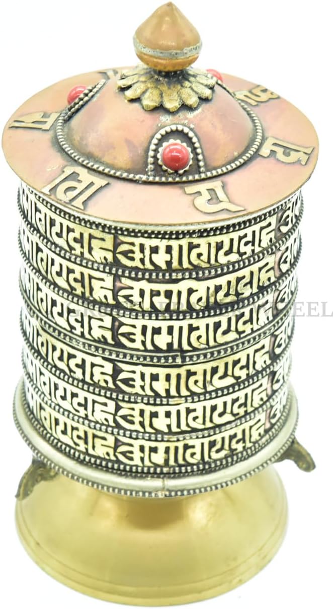 8 Inch Table Top Copper Brass Tibetan Buddhist 6 Line Matra Om mani padme hum Symbols Prayer Wheel