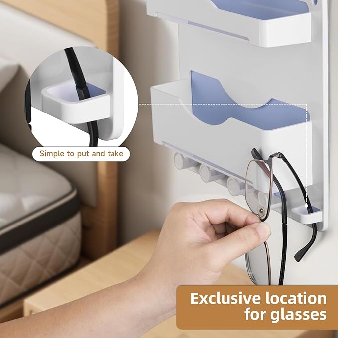 JUMEIHUI Bedside Wall Shelf with Glasses Hooks ,Adhesive Bedside Organizer Wall Mount for Dorm and Room Accessories Phone,Remote,Earphone, Kindle (White)