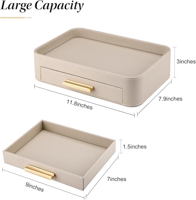 GORESE Valet Jewelry Tray Nightstand Organizer with Drawer, PU Leather Perfume Tray Trinket Trays for Vanity Bathroom Entryway, Catchall Trays for Key Purse Watch Cologne, Gift for Women Men, Beige