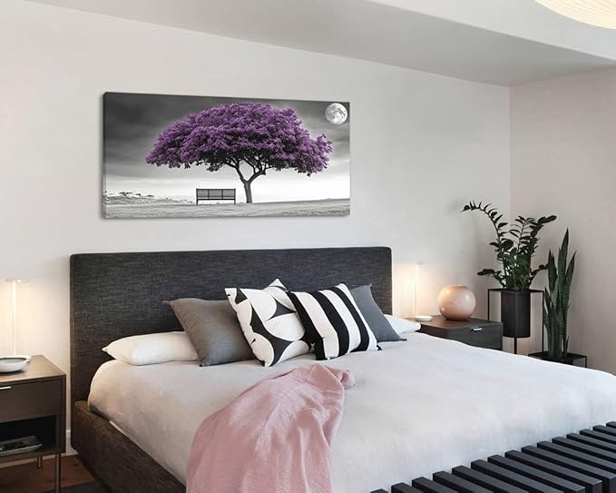 ZESTRILIA Country Purple Tree Wall Art for Living Room Office Violet Gray Moon Canvas Painting Prints Artwork Dining Bedroom Decor (40x20 Inches)