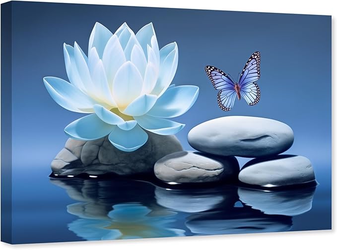 ARTZGX Blue Zen Wall Art Lotus Flower Canvas Spa Stone Pictures for Bathroom Wall Decor Meditation Butterfly Painting Frame(Zen - A 24.00" x 36.00")