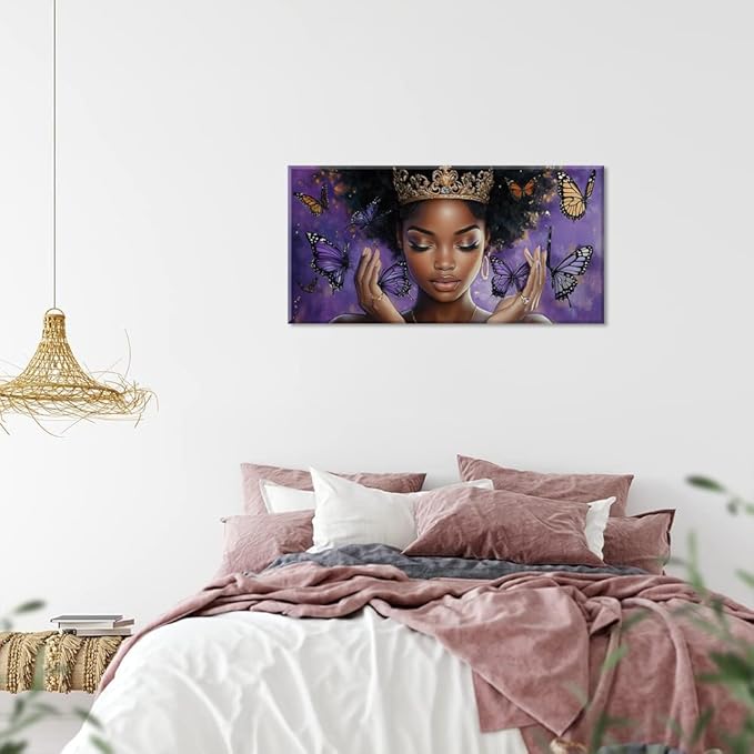 ZESTRILIA African American Wall Art for Girls Room Purple Black Butterfly Canvas Painting Prints Artwork Living Bedroom Office Decor (40x20 Inches)