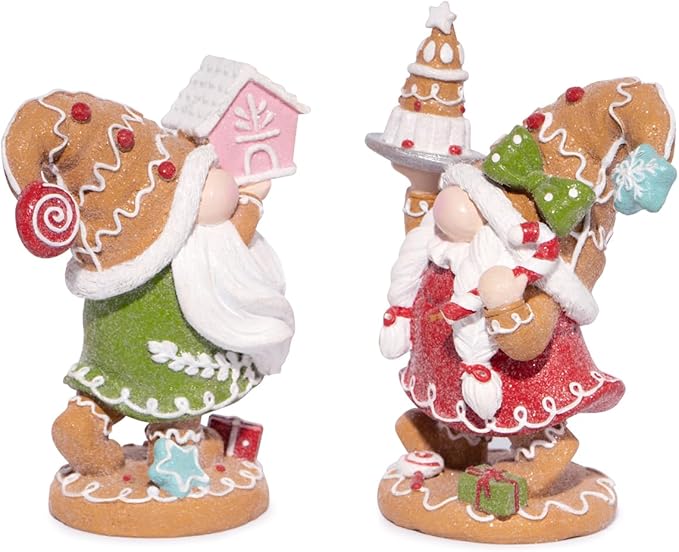 Hodao Christmas Gingerbread Gnome Duo — Resin Hand-Painted-Look Tabletop Decor with Cake & House, Mantel, Tiered Tray