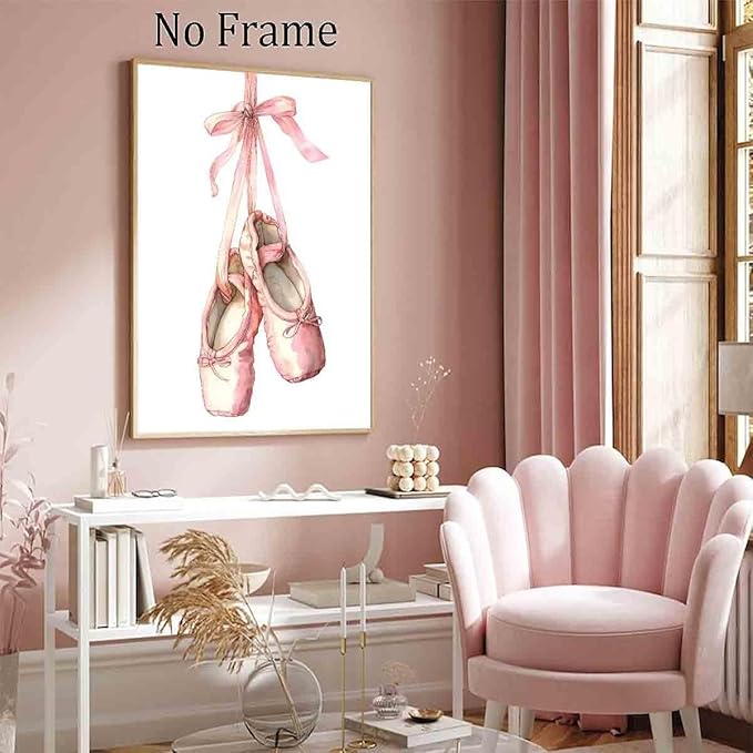 Mostemauo Ballet Shoes Painting Dancer Wall Art Ballet Pictures Pink Bow Pictures Elegant Vintage Wall Art Aesthetics Watercolor Painting Trendy Modern Abstract Girls' Room Decor 16x24inch No Frame
