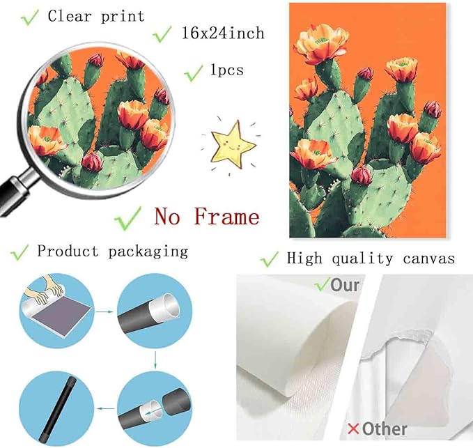 Vintage Cactus Posters Tropical Plants Wall Art Pink Floral Painting Floral Aesthetic Prints Western Desert Print Desert Botanical Prints orange and green flower wall art room decor 16x24inch no frame