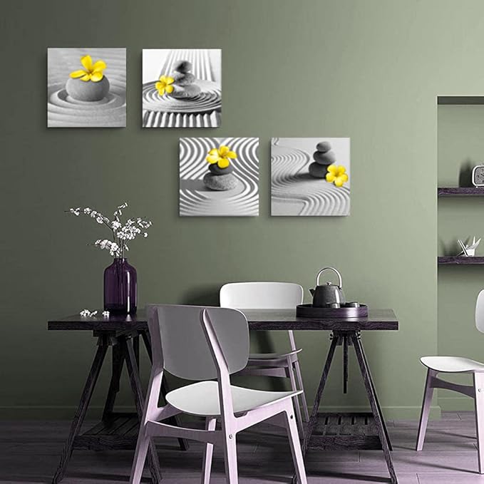 Yxbhhym Yellow Gray Wall Art Black White Zen Wall Art Floral Wall Pictures Flower Zen Painting Stone Sand Pebble Canvas Poster Artwork for Wall Decor Living Room Bedroom Bathroom Decor Framed