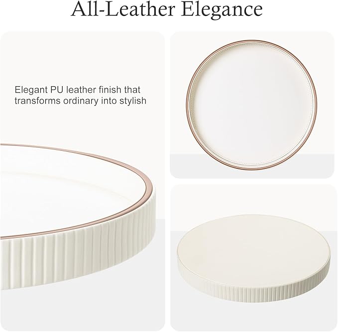 GORESE Round Decorative Serving Tray for Coffee Table Decor, 12" PU Leather Table Centerpiece Home Decor, Valet Tray for Trinket Jewelry Perfume Key, Ottoman Tray Nightstand Organizer, Cream White