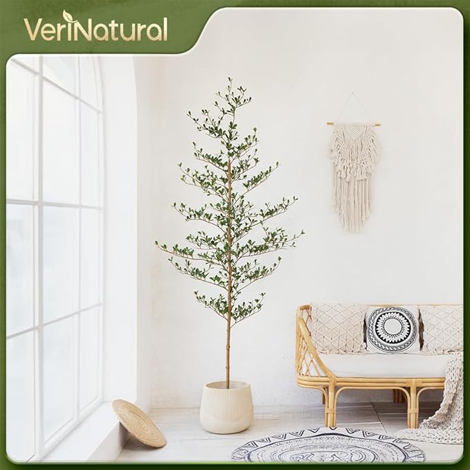Artificial Black Olive Tree 7FT Indoor Outdoor Decor Faux Plants - Real Wood Trunk Fake Tree with Green UV Resistant Leaves - Tall Floor Plant for Modern Home Office Living Room Decoration