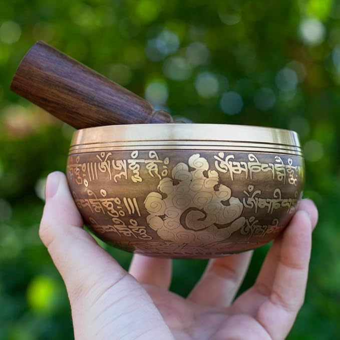 Tibetan Singing Bowl Set – Bronze Master Grade with Pure Tone & Thangka Art – Handmade in Nepal by Himalayan Bazaar (Gold & Yellow)