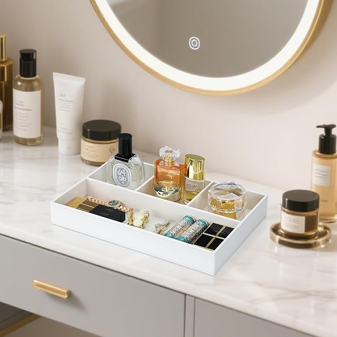 GORESE Faux Leather Valet Tray, Stackable Jewelry Trays for Dresser Table Drawer, Nightstand Organizer for Men Women, EDC Catch All Tray for Trinket, Key, Purse, Sunglass, Watch, Cologne, White