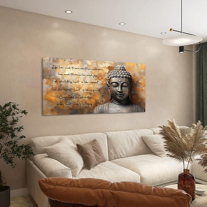 ZESTRILIA Zen Buddha Wall Art for Living Room Office Tan Brown Buda Life Quotes Canvas Painting Prints Calming Buddhist Artwork Family Bedroom Decor (40x20 Inches)