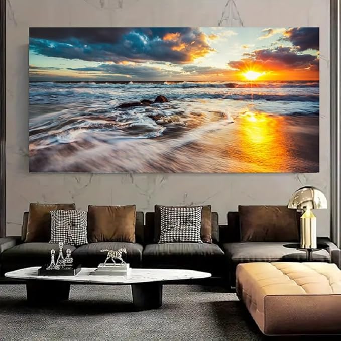 Yxbhhym-Large Ocean Wall Art for Living Room Canvas Beach Painting Sunrise Print Art Sunset Seascape Wall Pictures Yellow Sea Waves Poster Decoration Office Kitchen Wall Décor Bedroom Accessories