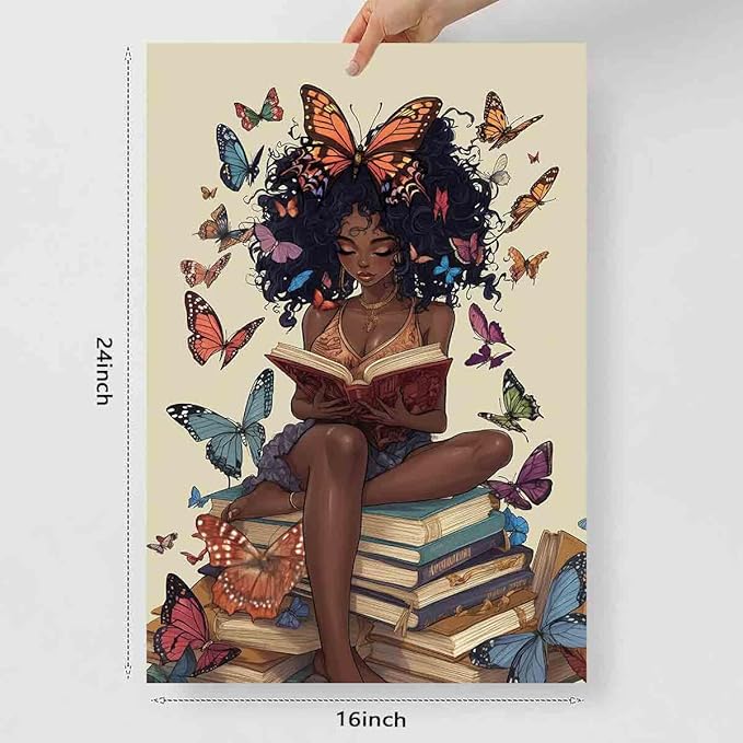Black Girl Reading Poster African American Artwork Boho Butterfly Painting Black Girl Art Prints Vintage Reading Picture Inspiring Wall Reading Book Print African Minimalist Posters 16x24inch No Frame