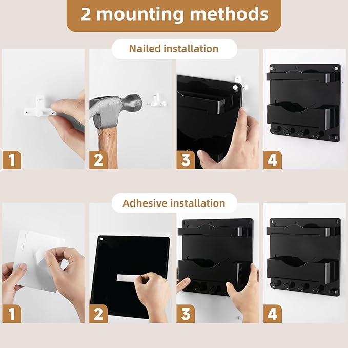 JUMEIHUI Bedside Wall Shelf with Glasses Hooks ,Adhesive Bedside Organizer Wall Mount for Dorm and Room Accessories Phone,Remote,Earphone, Kindle (Black)