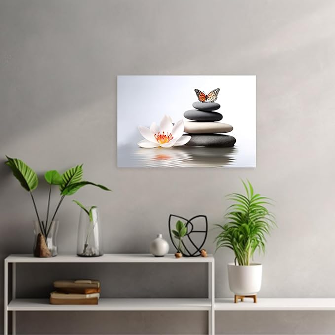 ARTZGX Zen Canvas Wall Art Spa Pictures Wall Decor Flower Zen Stones Butterfly Painting Print for Bathroom Yoga Decor Frame(Zen Flower - A 12.00" x 18.00")