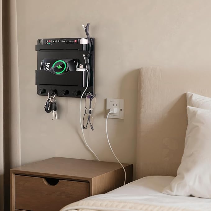 JUMEIHUI Bedside Wall Shelf with Glasses Hooks ,Adhesive Bedside Organizer Wall Mount for Dorm and Room Accessories Phone,Remote,Earphone, Kindle (Black)