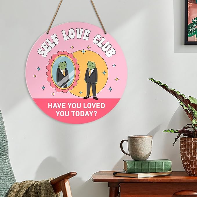 Self Love Club Inspirational Wall Decor, Frog Positive Round Wooden Hanging Sign Decor, Pink Motivational Decorations for Home Bathroom Office, Inspirational Gifts for Women Men, Loved You Today