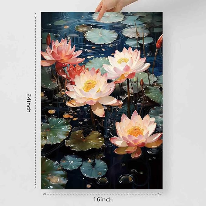Pink Lotus Painting Zen Lotus Picture Water Lilies Painting Pink Flower Artwork Summer Flowers Picture Summer Landscape Canvas Zen Meditation Art Water Lily Poster Living Room Decor 16x24inch No Frame