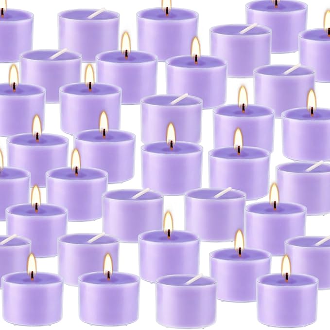50 Pack Bulk Lavender Scented Tealight Candles in Clear Cup, Purple Wax Votive Candle for Birthdays Weddings Churches Anniversaries & More(8 Hour)