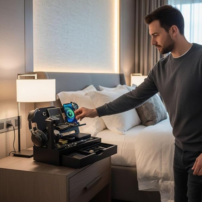 Nightstand Organizer for Men with Large Drawer, Birthday Gifts for Men Father Husband, Wood Phone Docking Station, Bedside Organizer for Nightstand Office for Apple Watch, Laptop (Black)