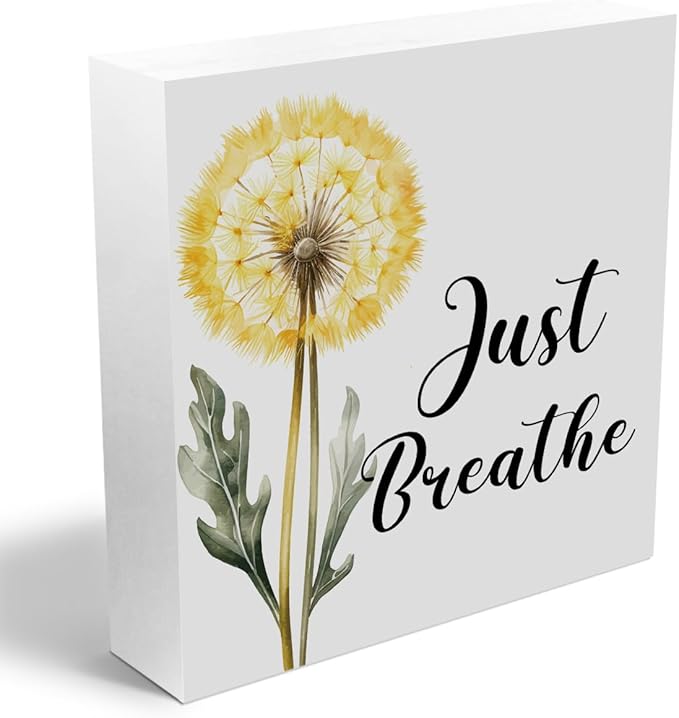 Just Breathe Decorative Wooden Box Sign, dandelion Inspirational Quotes Deco Rustic Farmhouse Home Office Shelf Table Decorations Wood Block Plaque