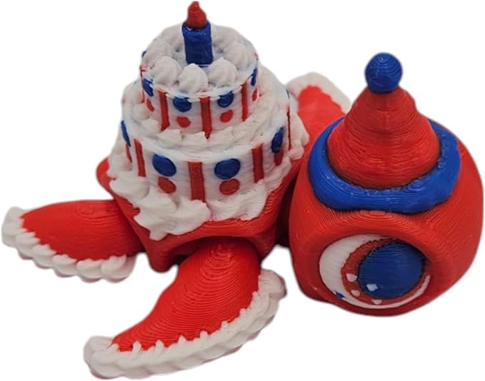 Articulating Turtle Fidget Animal Figurines – Unique 3D Printed Collectibles, Poseable Desk Animals For Adults, Stress Relief and Display Gift (BIRTHDAY CAKE TURTLE)