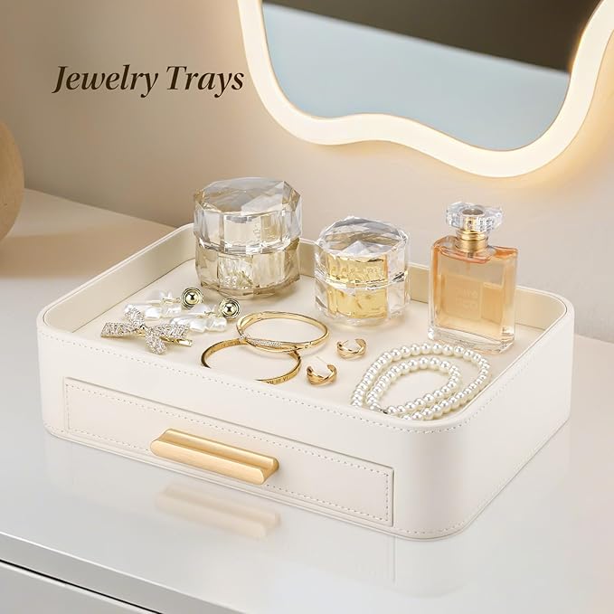 GORESE PU Leather Valet Tray with Drawer, Nightstand Organizer Catch All Tray for Jewelry Perfume Purse Trinket Key Holder, EDC Trays for Desk Vanity Entryway Table, Gift for Women Men, Cream White